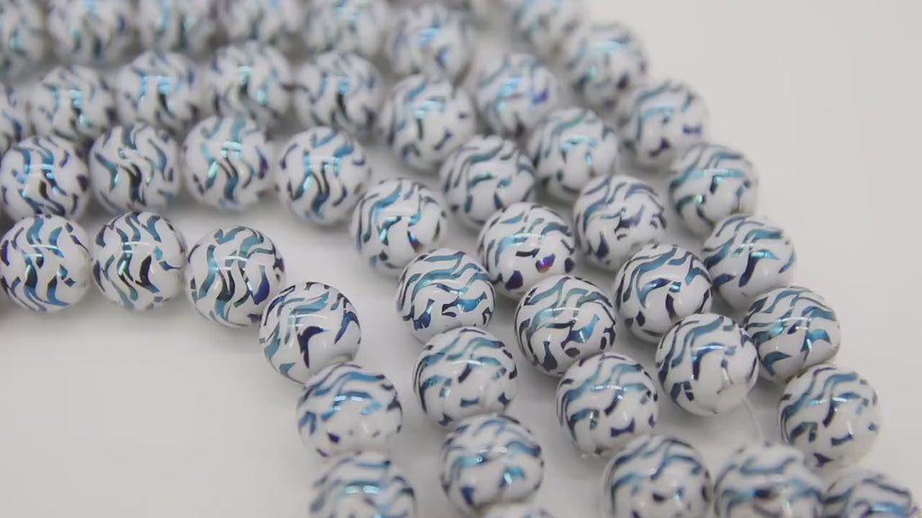 White and Sky Blue Beads, Shimmery Wave Pattern Smooth Tiger Stripe Beads BS #45, sizes 10 mm 11 inch Strands