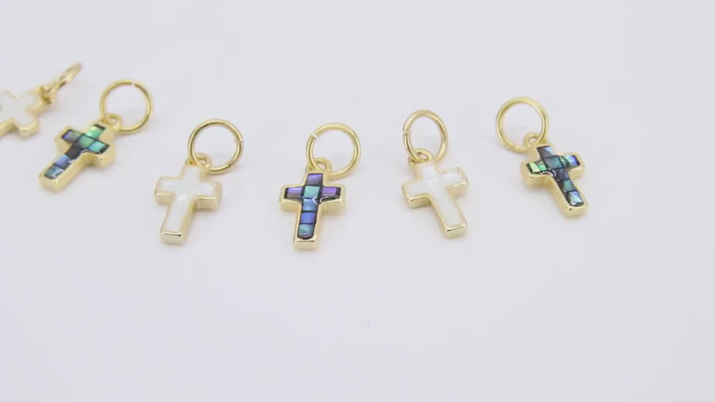 Gold Shell Cross Charms, White Shell Dainty Cross #3446, Small Black Matte Gold Crosses