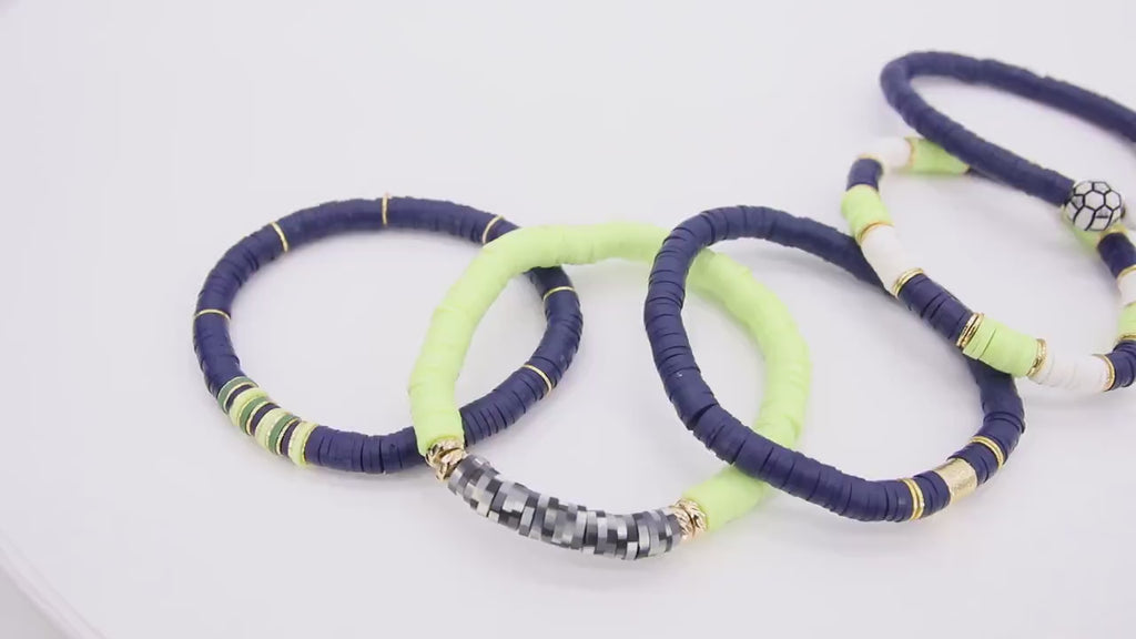 Soccer Mom Heishi Beaded Bracelet, 6 mm Lime Green White Navy Gold Stretchy Bracelet, Flat Heishi Team Spirit Clay Beaded Bangles