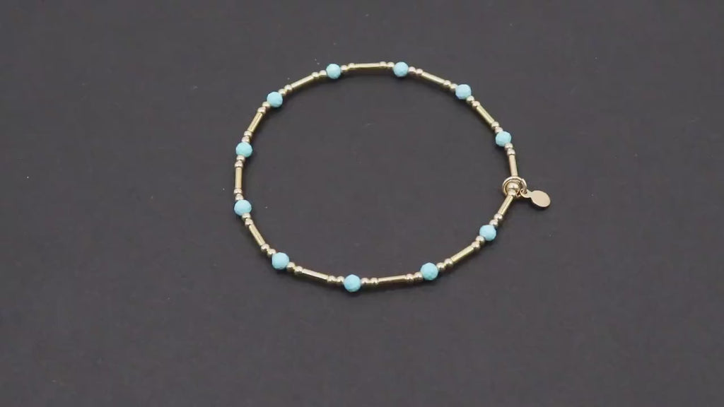 14 K Gold Filled Beaded Blue Turquoise Stretchy Bracelet, Dainty Tube Gemstone Stacking Bracelet, Handmade December Birthstone