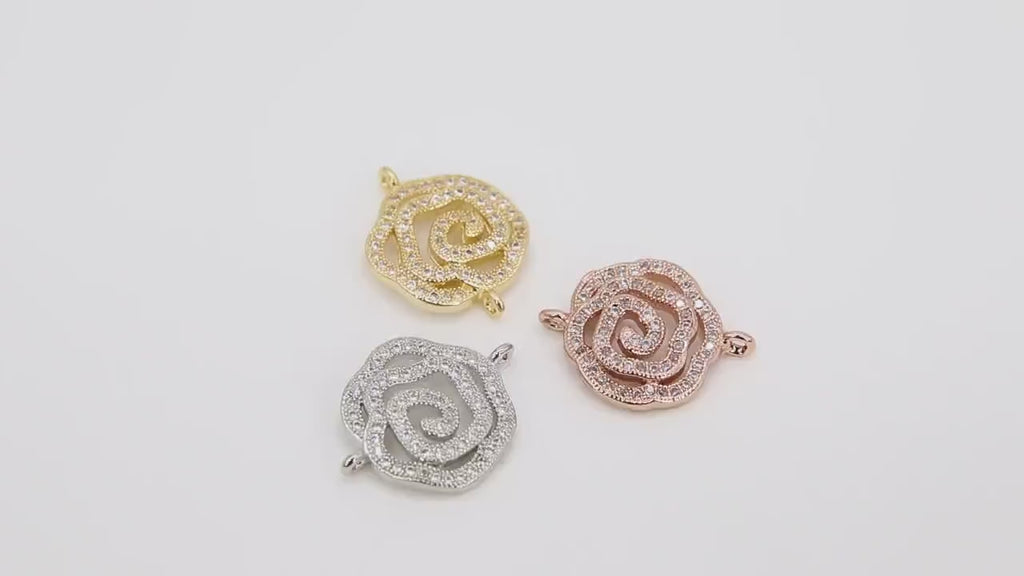 CZ Pave Camellia Connectors, Silver Flower Charms Links #85, Rose Bracelet Necklace Findings