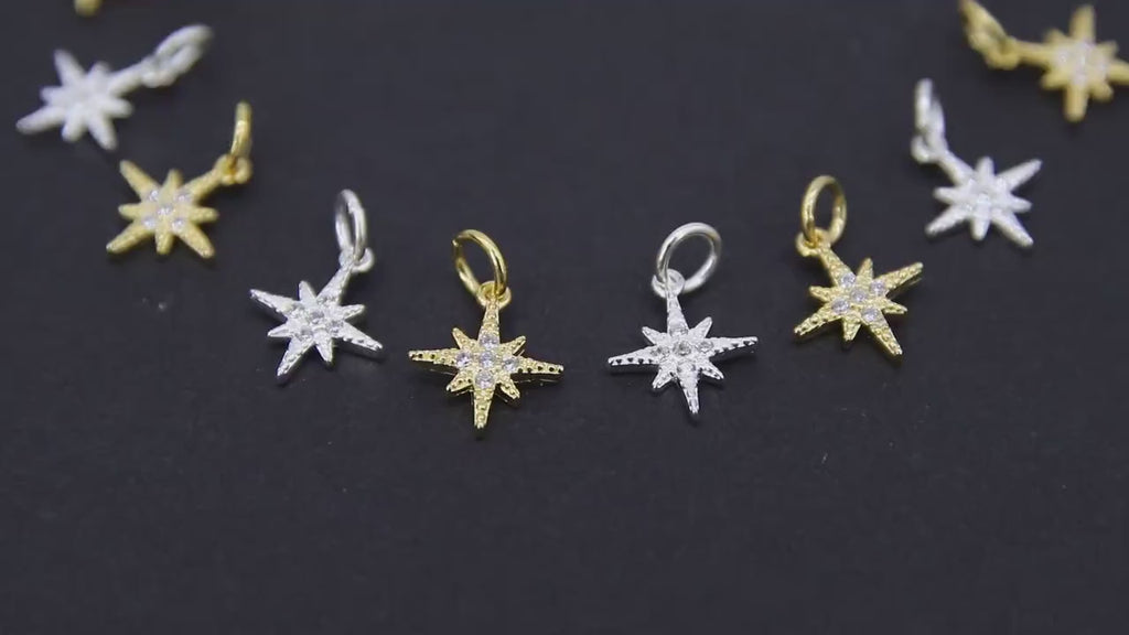 925 Sterling Silver CZ Star Charms, 11 mm Sterling Silver Gold Vermeil Starburst # 499, Tiny Cubic Zirconia Charms