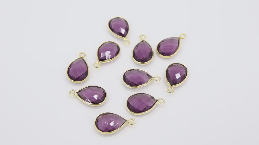 Amethyst Teardrop Charms, Gold Faceted Oval Purple Gemstone #2851, Sterling Silver Birthstone Pendants