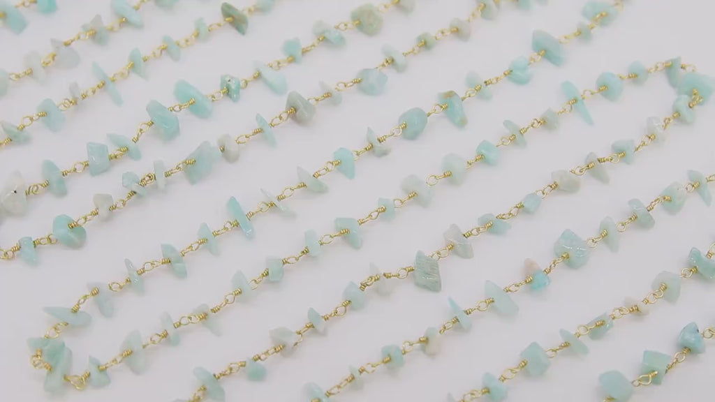 Natural Light Amazonite Rosary Chain, 4 mm Beaded CH #348, Gold Wire Wrapped Chip Rosary Chain