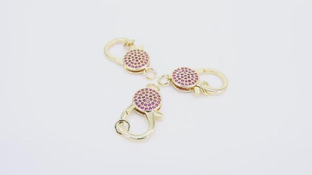 Gold CZ Micro Pave Lobster Clasps, Fuchsia Pink Red Lobster Claws #32, Gold 14 x 25 mm Gold Clasp