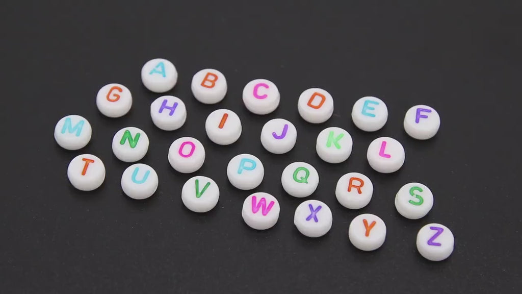 Colorful Initial Acrylic Beads, Alphabet Multi Color Letters in White Beads # 737, 200 Pc Flat Round Initial Bracelet beads