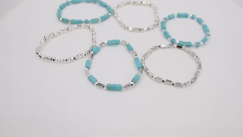 Baby Blue Turquoise Beaded Bracelets, Silver and Blue Stretchy Bracelet Stacks, Cube Beaded Crystal Bracelets