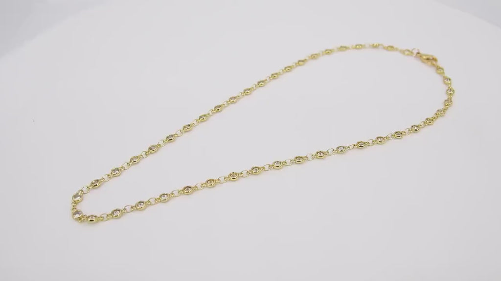 Cubic Zirconia Necklace, Gold 4 mm Dainty Round Shaped CZ Choker, Clear Silver CZ Necklace