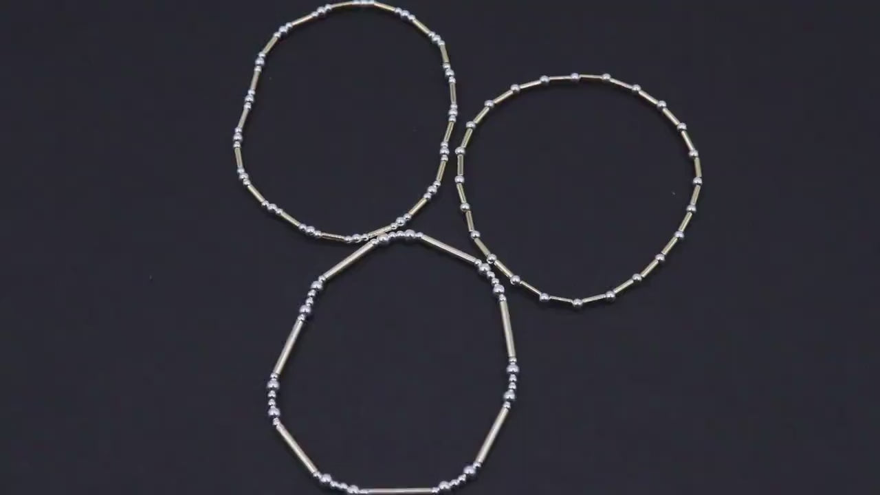 14 K Gold Filled Beaded Bar Bracelet, 925 Sterling Silver Mixed Metal Stretchy Short Tube Bar Stacking Bracelets, Handmade