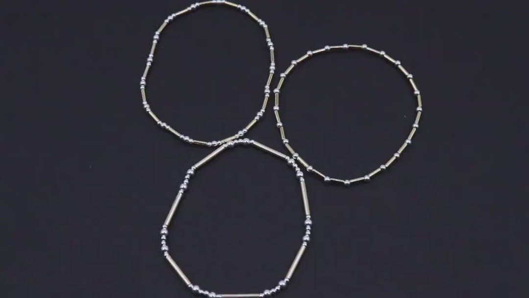 14 K Gold Filled Beaded Bar Bracelet, 925 Sterling Silver Mixed Metal Stretchy Short Tube Bar Stacking Bracelets, Handmade