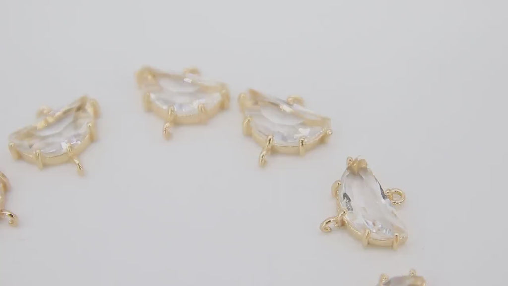Gold Half Moon Crystal Connectors, 2 Pcs Semi Circle Links AG 647, Small or Medium Open Loop in Clear Crystal Glass
