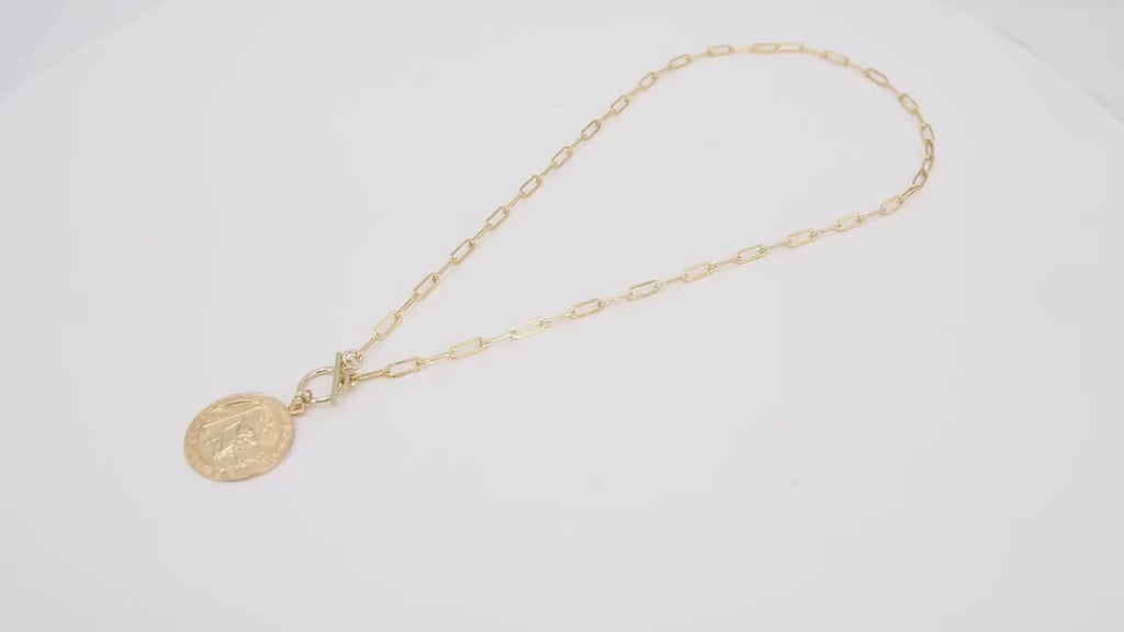 14 K Gold St Christopher Necklace, Genuine Gold Filled Paperclip Choker #615, Religious Medal Toggle Necklace