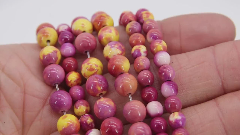 Pink and Yellow Beads, Smooth Mixed Fuchsia Red Jade Dyed Beads BS #98, Jewelry Beads sizes 8 mm 16.5 inch Strands