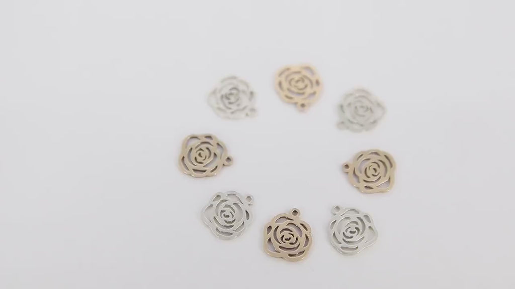 14 K Gold Filled Camellia Charms, 925 Sterling Silver Rose Flower Charms # 927, 8 mm Gold Love Devotion Floral Charms