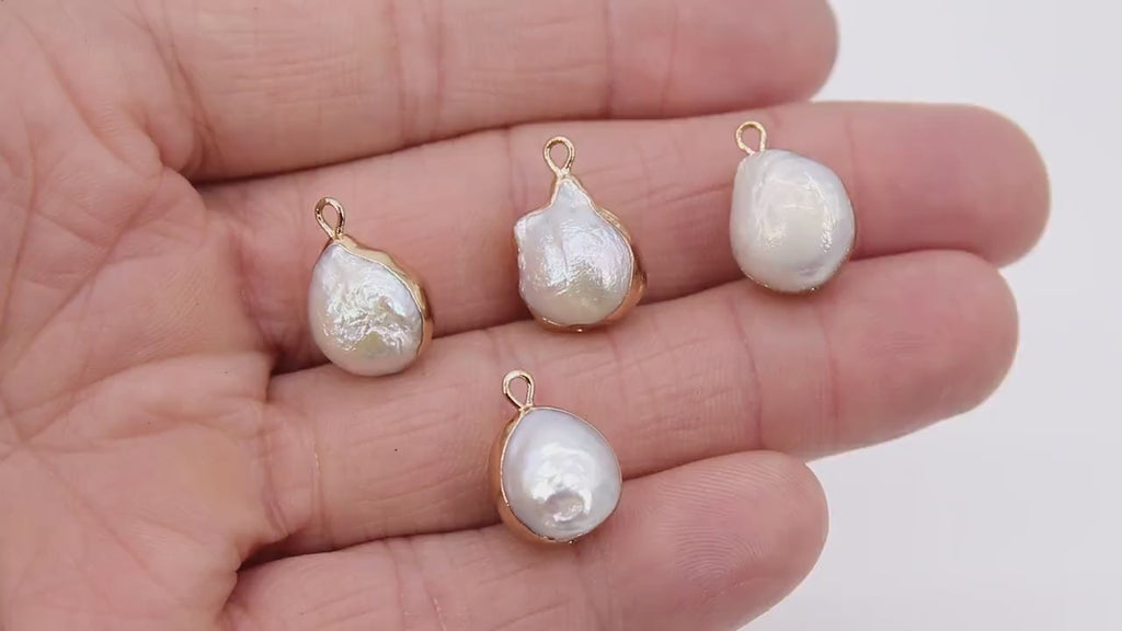 Genuine Pearl Charms, Round White Pearl Gold Pendants # 2833, 12 x 19 mm Oval Bead Freshwater Pearls