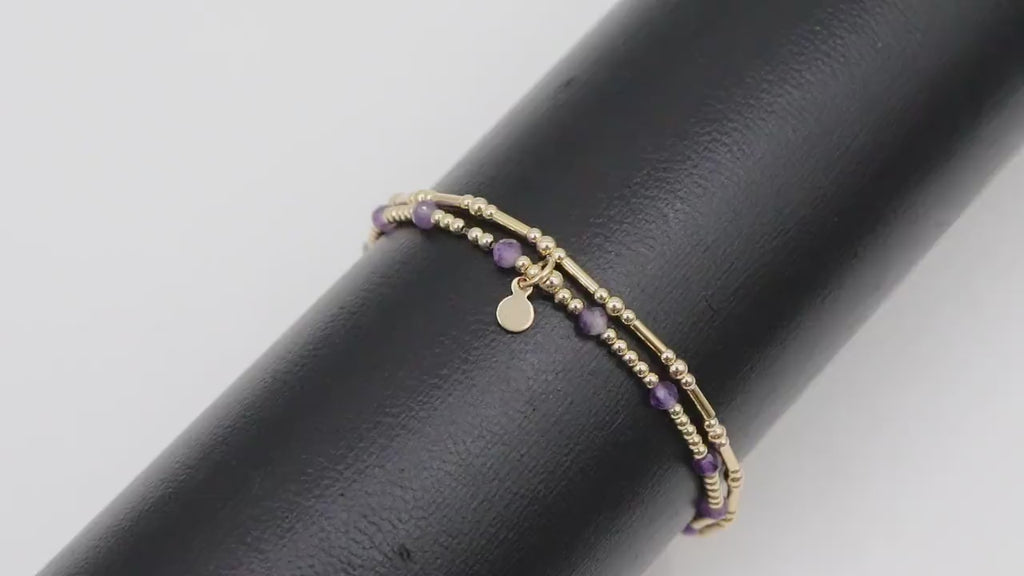 14 K Gold Filled Beaded Amethyst Stretchy Bracelet, Dainty Tube Purple Gemstone Stacking, Handmade February Birthstone Waterproof Bracelet