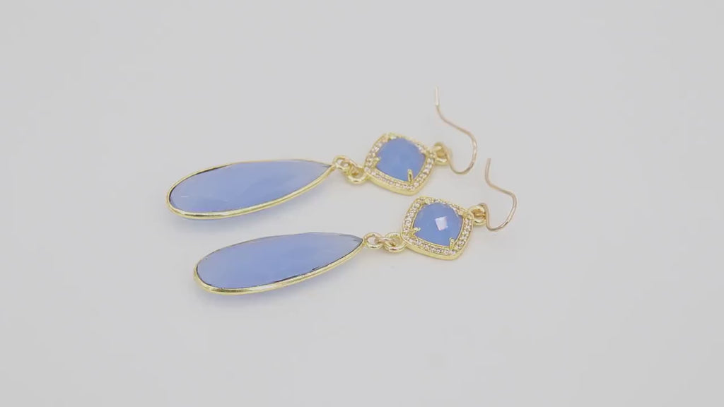14 K Gold Blue Chalcedony Earrings, Cubic Zirconia Gemstone Dangle Ear Wire Hooks, CZ Baby Blue Jewelry