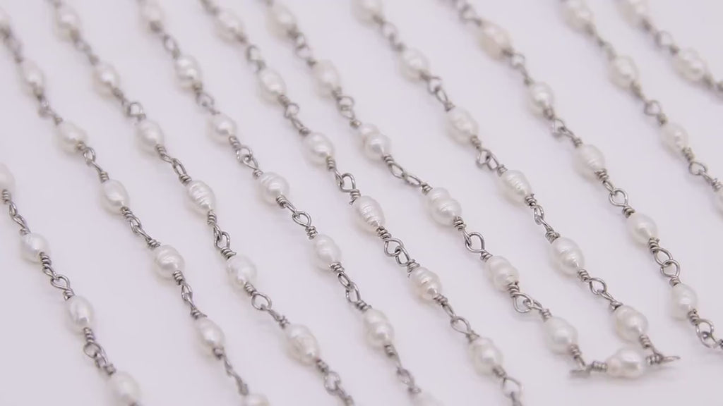 Natural Pearl  Silver Chain, 4 - 6 mm Freshwater Beaded  Chain CH #513, Silver Wire Wrapped