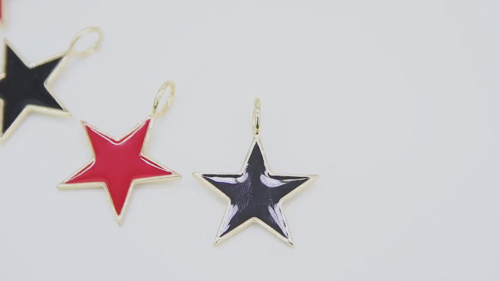 Star Charms and Pendants, Small or Large Gold Starburst Black or Red #2650, Enamel Large Hole Bails