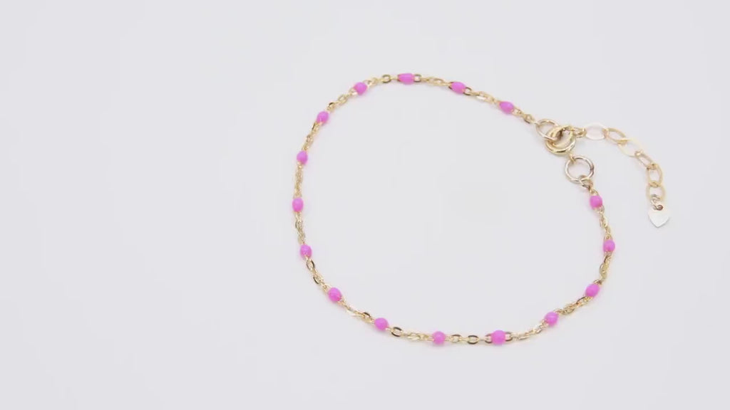 14 K Gold Filled Dainty Satellite Enamel Bracelet, Pink Enamel Beaded Chain, Stamped 14/20