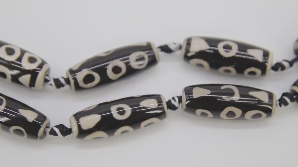 Tibetan DZI Tube Agate Beads, Long Oval Black and Creamy White Oblong Eye Beads BS #75, 10 x 28 mm
