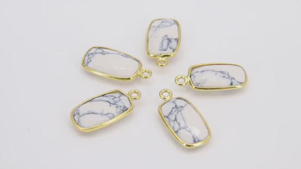 White Turquoise Gemstone Charms, 19 mm Gold Rectangle Charm # 3433, Gold Over Sterling Silver White Howlite