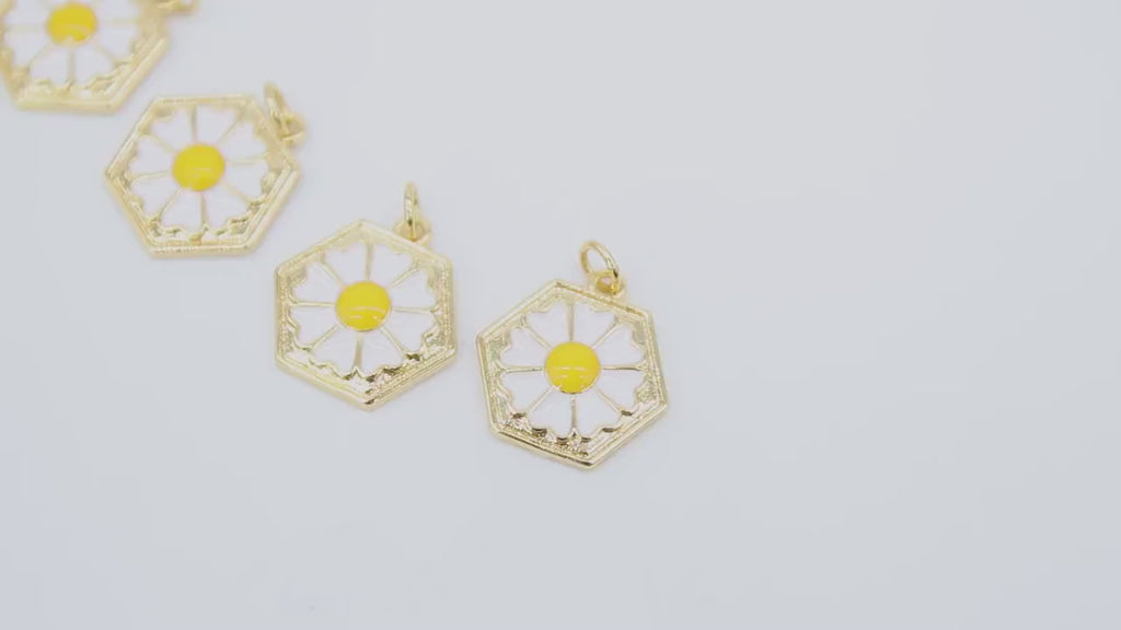 Gold Daisy Flower Charm, Round Hexagon Yellow and White Charms #2645, Small Size 15 x 17 mm