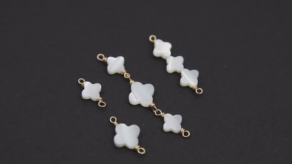 14 K Gold Filled Clover Connector, Wire Wrapped Mother of Pearl Quatrefoil #3902, Beaded Clover Links