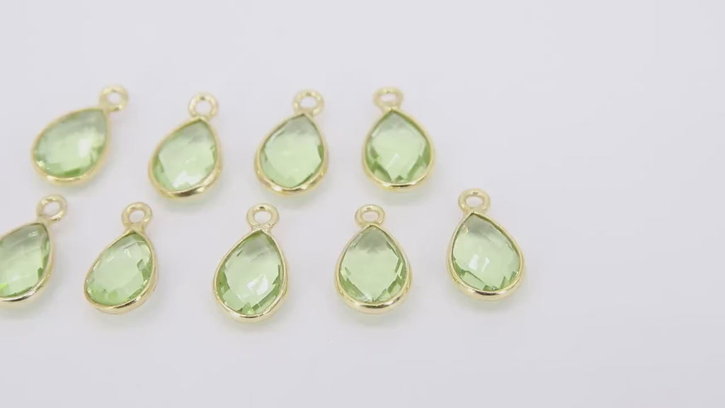 Green Amethyst Teardrop Charms, Gold Plated Faceted Light Green Gemstones #2837, Sterling Silver Birthstone Pendants