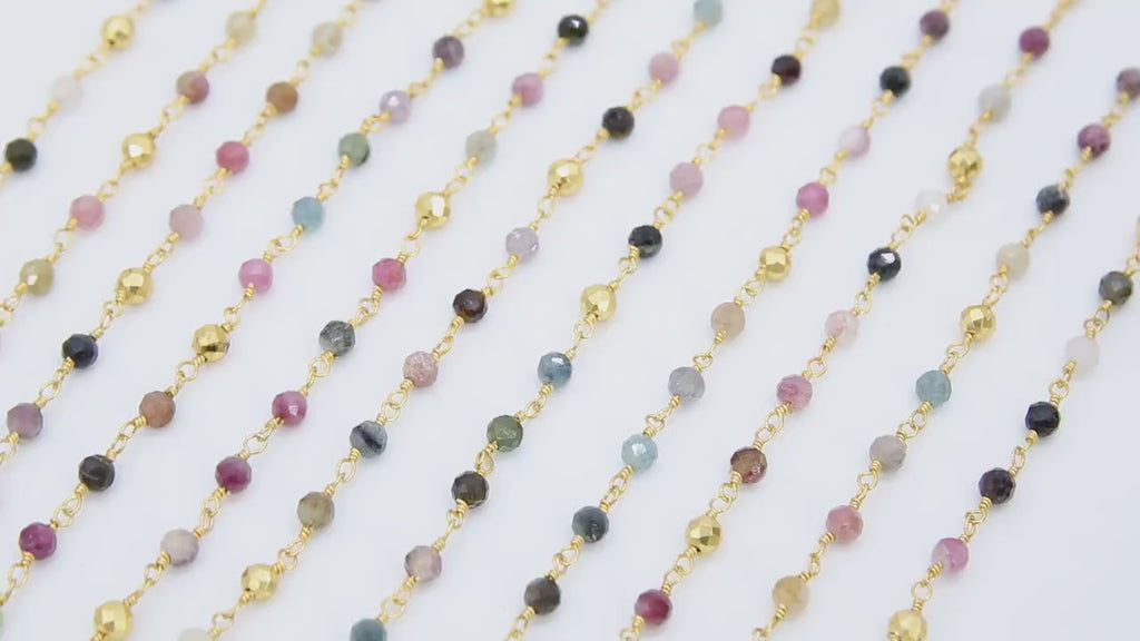 22 k Gold Natural Multi Tourmaline Rosary Chain, Unfinished 4 mm Gold Pyrite Beaded Wire Wrapped, Mixed Tourmaline Diamond Cut Gemstones