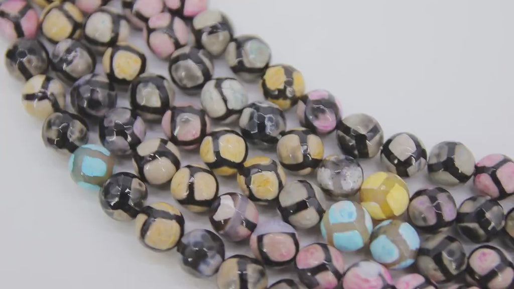 Tibetan Natural Faceted Agate Beads, DZI Fire Agate BS #69, Black Pink and Blue Colorful Beads