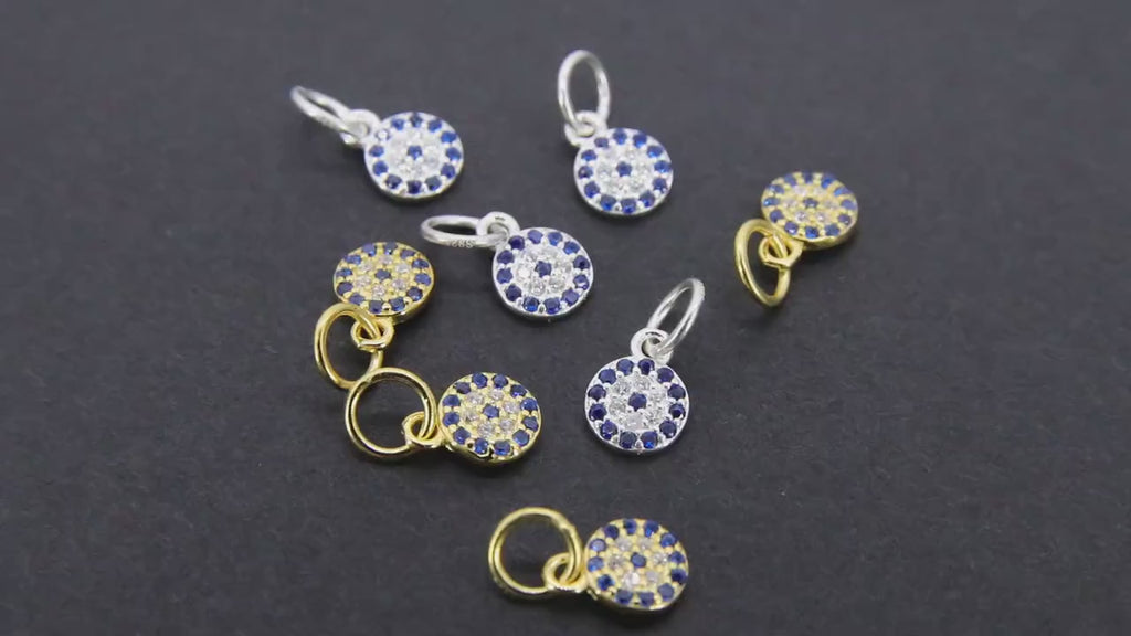925 Sterling Silver Evil Eye Charms, 6 mm Gold CZ Micro Pave Blue Evil Eyes Charms # 3508, Tiny Round Minimalist Jewelry Charm