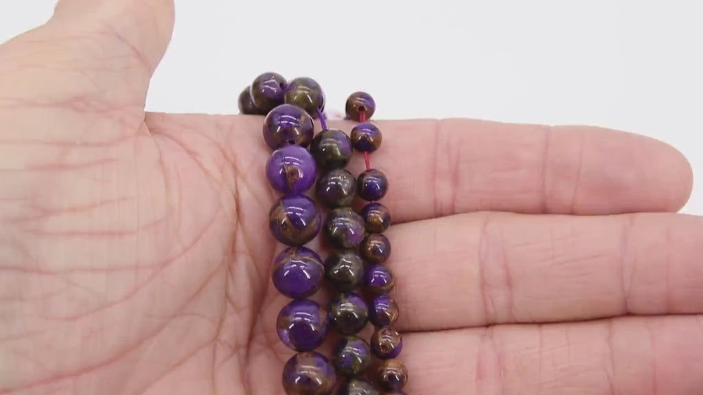 Purple and Gold Beads, Smooth Chalcedony Beads BS #167, Clinquant Stone LSU Jewelry Beads sizes 6 mm 8 mm 10 mm 15.75 inch Strands