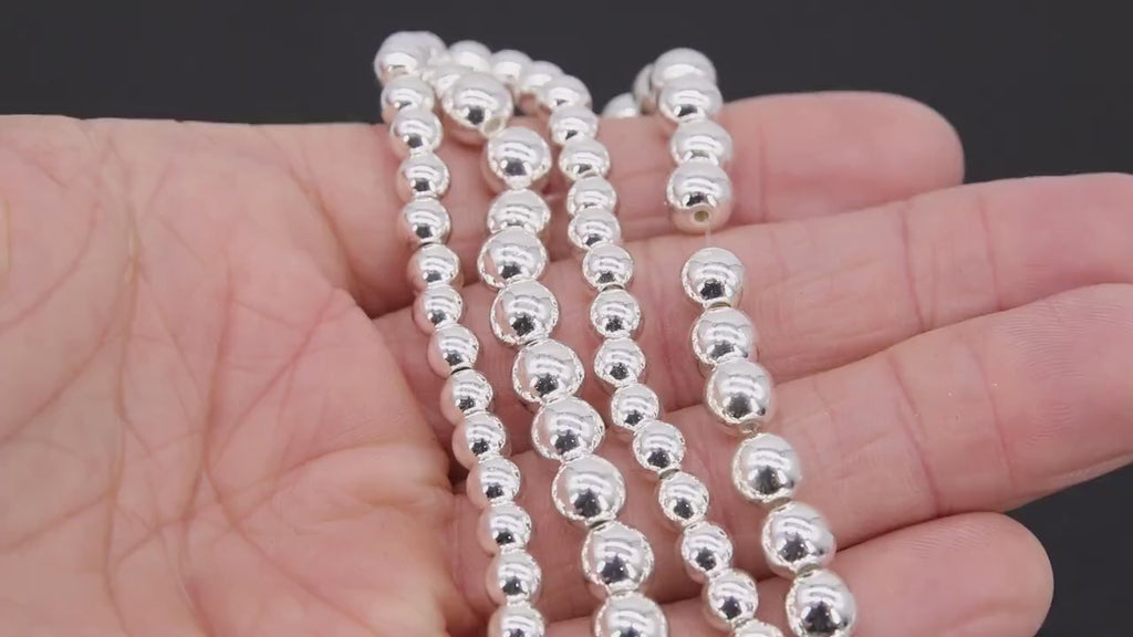 Silver Round Hematite Beads, Shimmery Smooth Polished Non Magnetic Bright Beads BS #207, sizes 4