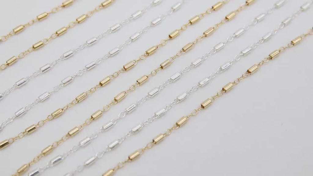 14 K Gold Filled Tube Bar Chain, Unfinished 925 Sterling Silver Sequin Long Tube Chains CH #825, 3.0 x 1.6 mm Boho Jewelry