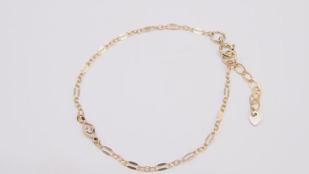 14 K Gold Filled  Evil Eye Chain Bracelet, CZ Adjustable Sequin Bar Chain Link Bracelet, Stamped 14/20