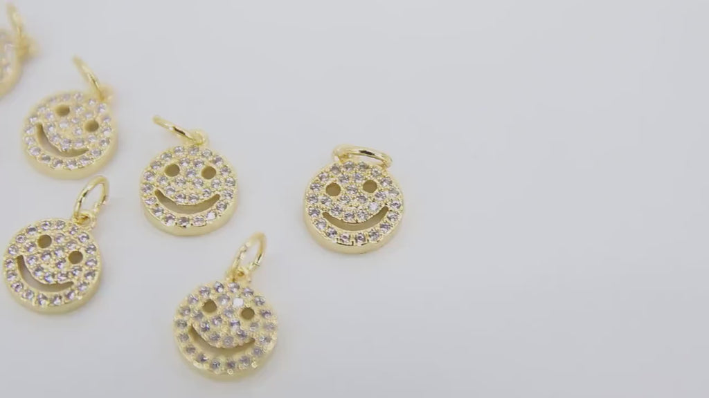 Silver CZ Pave Smiley Face Charms or Connectors, Gold Cubic Zirconia Happy Face # 553, Tiny Necklace Charms 9 x 10 mm