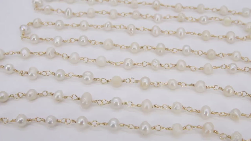 Natural Pearl Rosary Chain, 5-7 mm Freshwater Beaded Rosary Chain CH #527, Gold Wire Wrapped