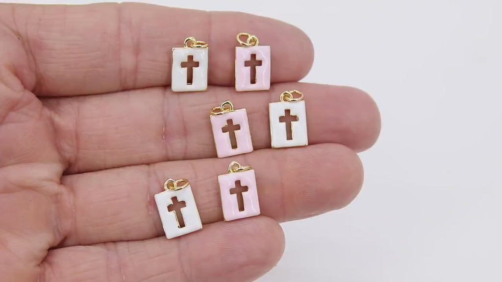 Gold Cross Charms, 9 mm Rectangle Tiny Charms in Pink or White Enamel #824,  Rosary Bracelet