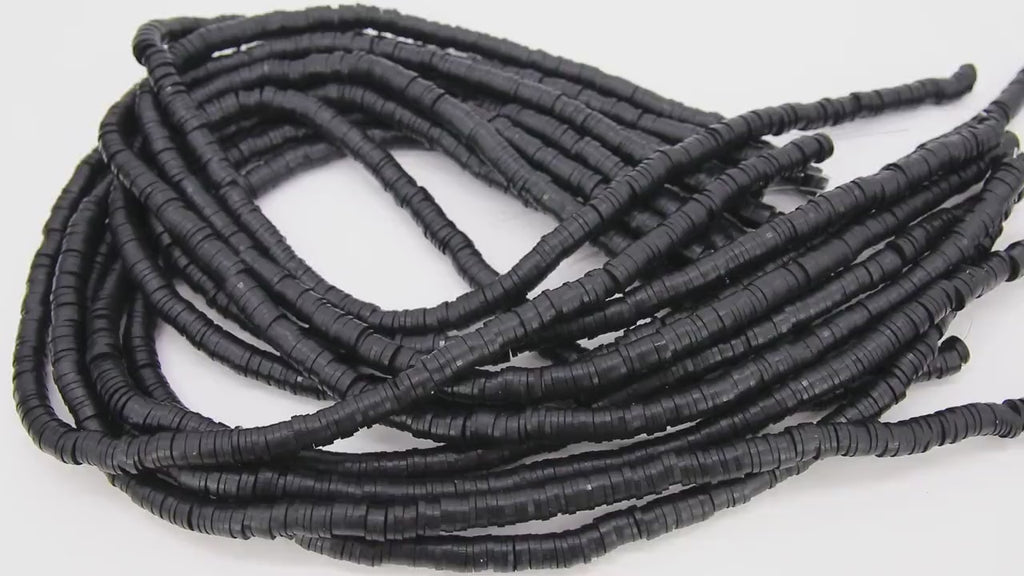 2 Strands 6 mm Clay Flat Beads, Jet Black Heishi Beads in Polymer Disc CB #138, Rondelle Beads