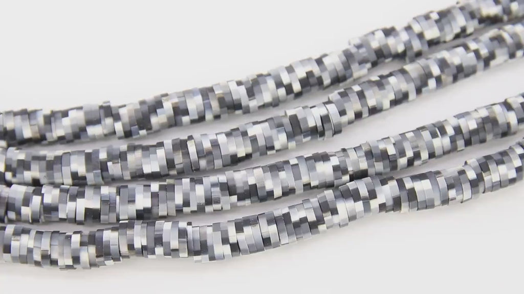 2 Strands 6 mm Clay Flat Beads, Black White Gray Heishi Mixed Beads in Polymer Disc CB #203, Rondelle Checker Beads