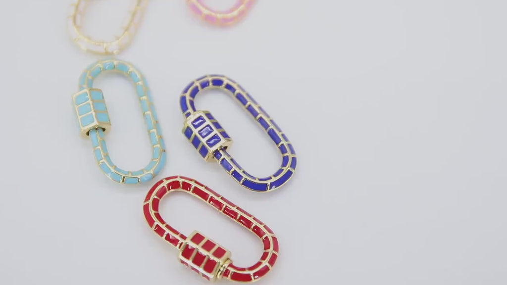 Gold Oval Screw Clasps, Large Enamel Honeycomb Pattern Connector #2341, White Black Aqua Blue Pink Red Findings