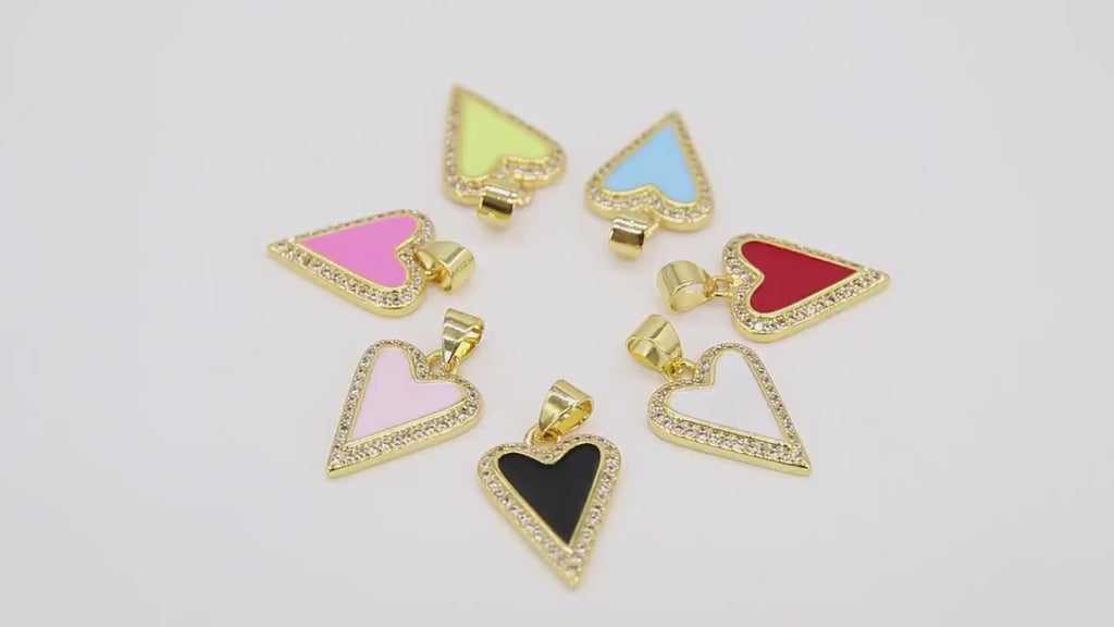 Gold Enamel CZ Heart Charms, Blue Black Pink and White Hearts #330, Small 13 mm