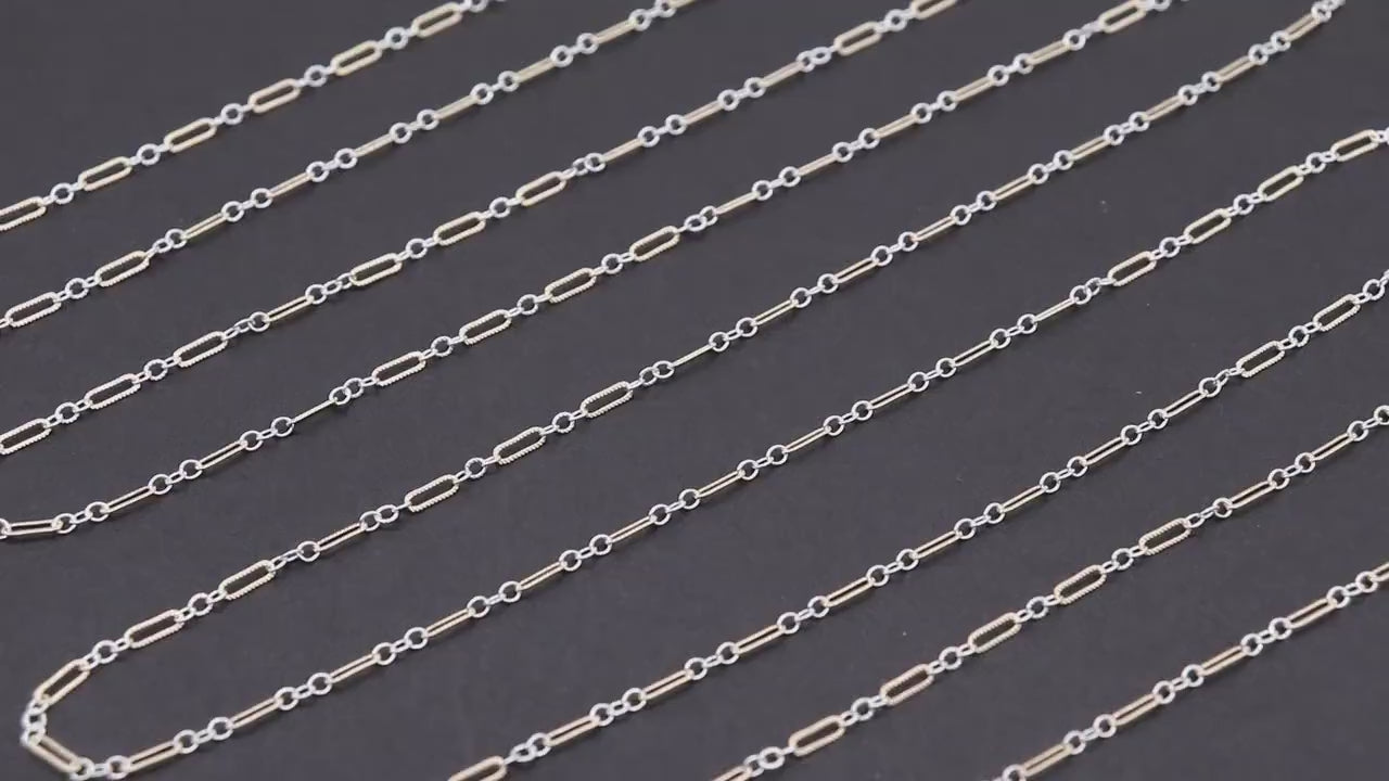 14 K Gold Filled Bar Mixed Metal Chain, 1.6 mm Corrugated Two Tone 925 Sterling Silver CH# 900, 4.8 mm Texture Long Short Chain