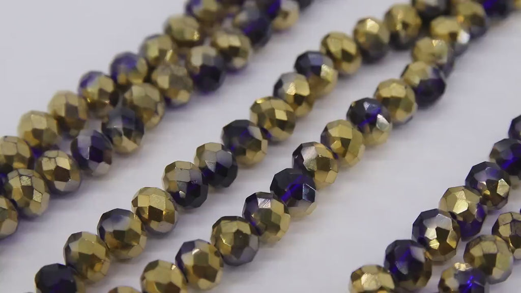 Blue and Gold Bead Strands, 8 mm Electroplated Navy Blue and Gold Beads BS #234, 6 x 8 mm Rondelle Beads