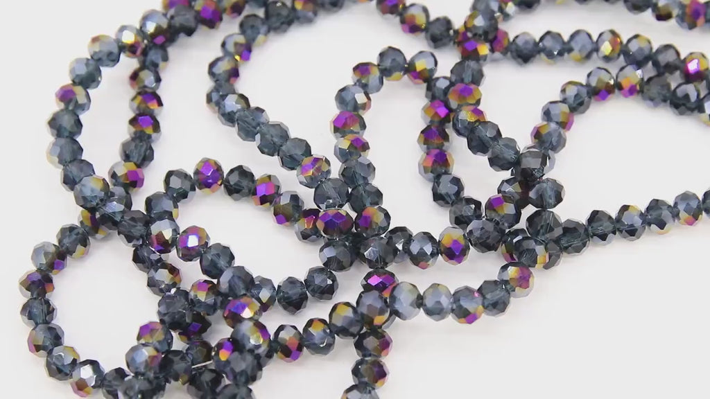 Smoky Black Electroplated Crystal Beads, Faceted Slate Blue AB Rondelle Glass Beads BS #248, sizes 6 x 5