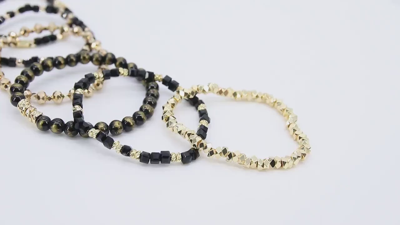 Black and Gold Beaded Bracelet, Black Cube Stretchy Bracelet, Gold Nugget Crystal Stacks