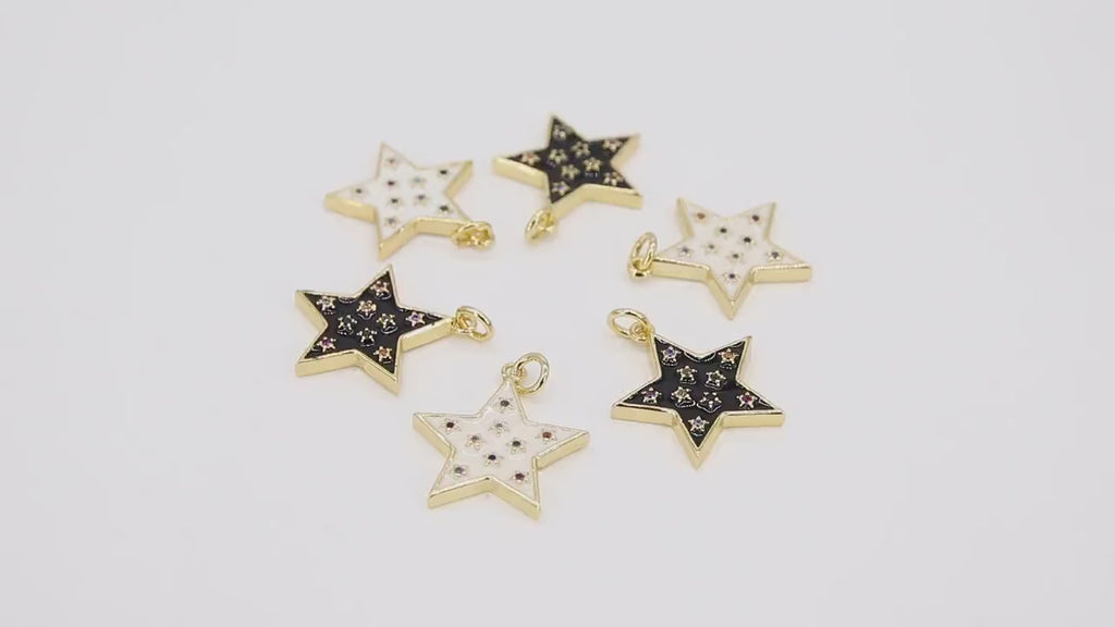CZ Star Charm, Gold Black or White Enamel Small Starburst, AG 333