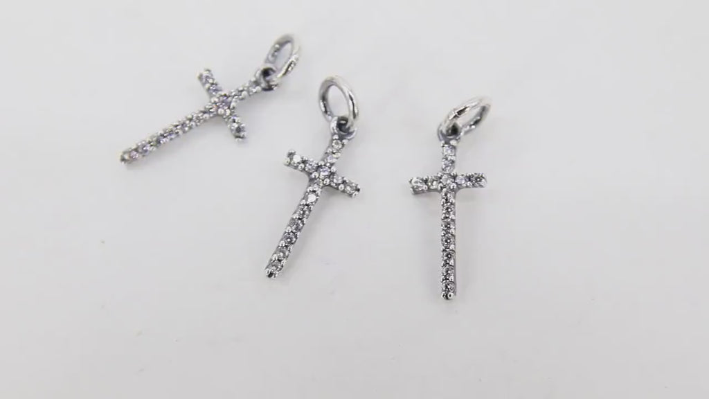 CZ Silver Cross Charms, 925 Sterling Silver Oxidized Cross # 758, Gold Cubic Zirconia  Long Dainty Cross Jewelry
