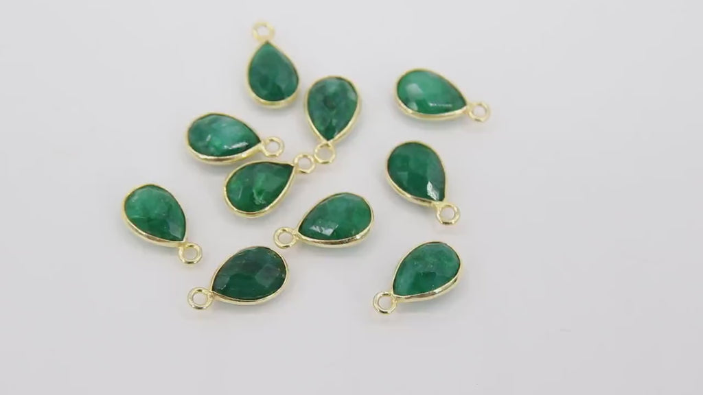 Emerald Teardrop Charms, Gold Plated Oval Green Gemstones #2852, Sterling Silver Birthstone Pendants